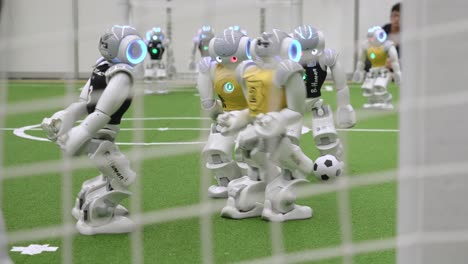 Blick-Hinter-Das-Fußballtornetz-Von-Nao-Robotern,-Die-Fußball-Auf-Dem-Spielfeld-Kicken