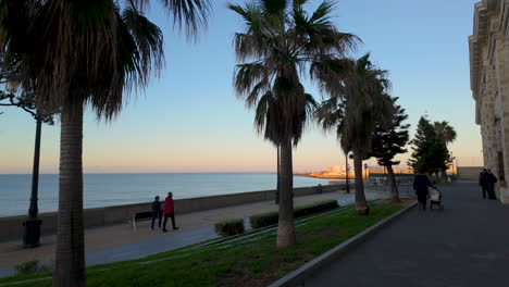 Seaside-promenade-with-palm-trees-at-dusk,-people-walking,-and-calm-sea-beyond