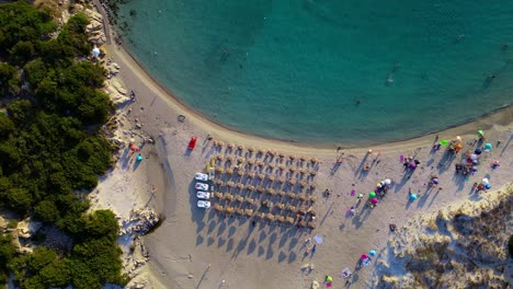 Overhead-drone-shot-revealing-beautiful-Punta-Molentis-Beach-with-tourists-sunbathing-and-swimming,-Villasimius,-South-Sardinia,-Italy