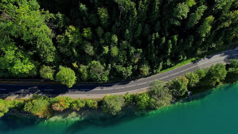 Top-down-drone-shot-following-a-road-on-the-coast-of-lake-Attersee,-sunny-Austria