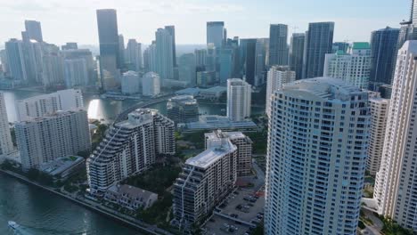 Aerial-establishing-shot-showing-downtown-Skyscraper-in-Miami-City-during-sunny-day,-USA