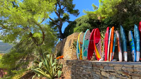 Colourful-stand-up-puddle-board-collection-by-the-sea-in-a-tropical-place-in-South-of-France-with-green-trees-and-blue-sky,-fun-sunny-vacation-sport-holiday-activity,-4K-shot