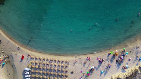 Overhead-drone-shot-of-Punta-Molentis-Beach-with-tourists-swimming-and-sunbathing,-Villasimius,-South-Sardinia,-Italy