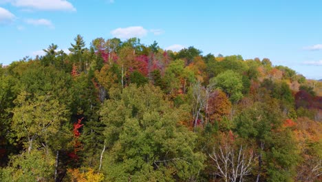 Aerial-drone-shot-soaring-up-the-side-of-a-mountain-above-the-treetop-canopy-of-a-forest-on-a-beautiful-autumn-day,-Montréal,-Canada