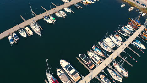 Aerial-view-of-luxurious-yachts-moored-in-the-marina-in-Jastarnia,-Poland
