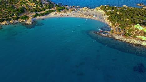 Epic-drone-shot-revealing-beautiful-Punta-Molentis-Beach-and-landscape,-Villasimius,-South-Sardinia,-Italy