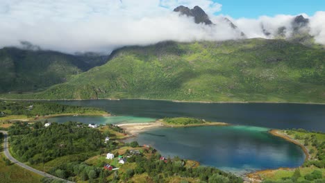 Lofoten-Islands-Nature-Landscape,-Fjords-and-Hamlet-in-Norway---Aerial-4k-Circling