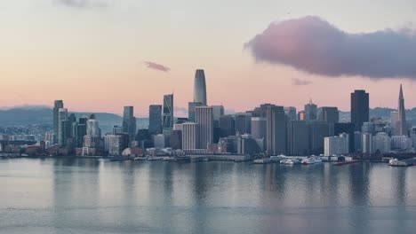 Aerial-push-in-to-San-Francisco-Skyline-and-Bay-at-sunrise