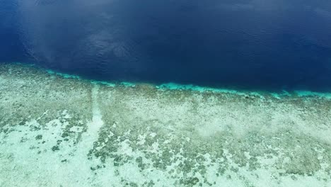 Static-aerial-birds-eye-view-of-crystal-clear-water-transitioning-to-deeper-blue-ocean-in-Raja-Ampat,-West-Papua,-Indonesia