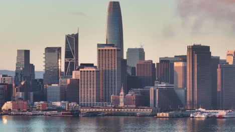 Golden-sunrise-close-up-aerial-static-view-of-San-Francisco-Downtown-Financial-District
