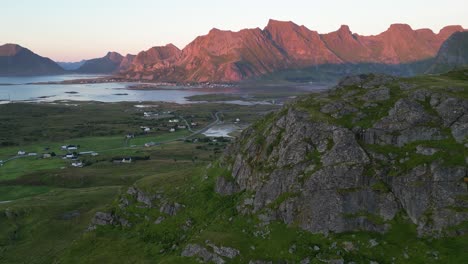 Lofoten-Islands-Nature-Mountain-Landscape-and-Fredvang-Village-in-Norway---Aerial-Circling