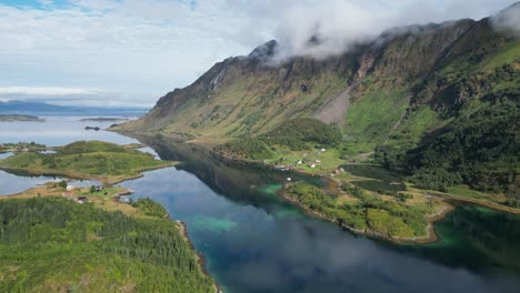 Fjord,-Nature-and-Mountain-Landscape-in-Grindoya,-Lofoten-Islands,-Norway---Aerial-4k