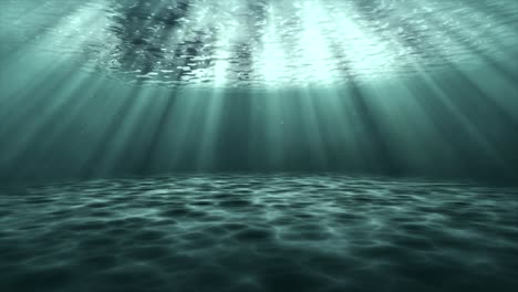 Underwater-ocean-sandy-seafloor-3D-animation-motion-graphics-reflection-sun-rays-on-sandbar-visual-effect-background-teal-dark