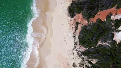 Drone-aerial-bird's-eye-landscape-sandy-beach-ocean-rock-formation-walking-track-travel-tourism-Beowa-National-Park-Pinnacles-Eden-NSW-Australia