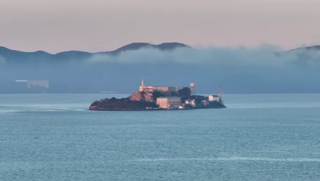 Aerial-static-view-of-Alcatraz-Island-in-the-San-Francisco-Bay,-USA-at-dawn
