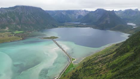Matmora-Hike-View-of-Fjords-and-Hauklandsvannet-Lagoon-in-Lofoten-Islands,-Norway---Aerial