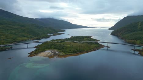 Vesterstraumen-and-Austerstraumen-Bridges-in-Lofoten-Islands,-Norway---Aerial-4k