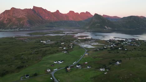 Fredvang-Village-and-Lofoten-Islands-Nature-Mountain-Landscape-in-Norway---Aerial-Circling