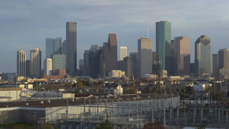 Panning-right-aerial-shot-of-downtown-Houston,-Texas