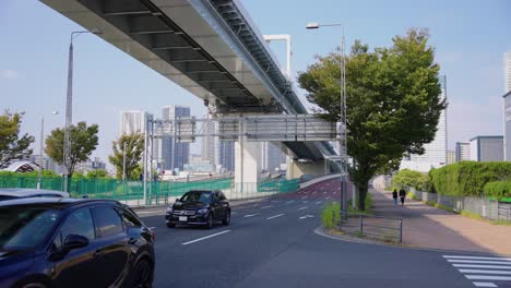 Slow-motion-establishing-shot-of-Toyosu-area-of-Tokyo-towards-Odaiba