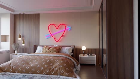 Dormitorio-En-Un-Apartamento-Moderno-Con-Un-Romántico-Corazón-De-San-Valentín-En-La-Pared-Para-Una-Pareja-Enamorada