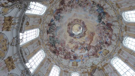 Looking-Up-Into-Frescoes-On-Dome-Ceiling-Of-Ettal-Abbey-In-Ettal-Village,-Bavaria,-Germany