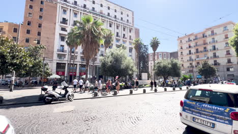 Bustling-city-square-with-palm-trees-and-pedestrians