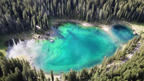 drone-footage-of-the-Karersee,-South-Tyrol,-Italy