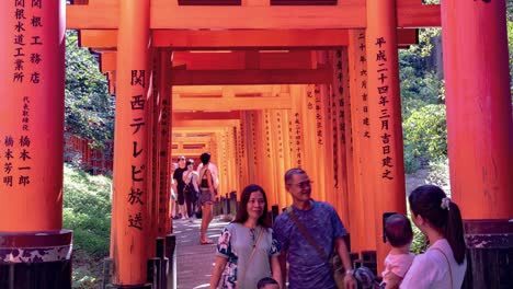 Time-lapse-of-people-Tourists-walking-through-the-Famous-Fushimi-Inari-Torii-Gates-Shrine,-Kyoto,-Japan-View-3-TILT