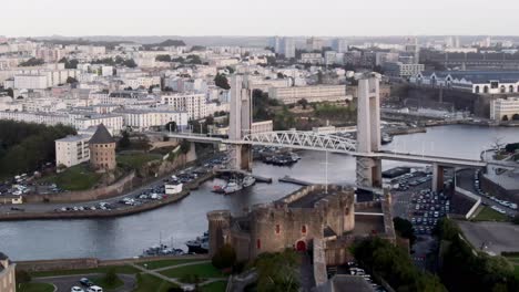Aerial-rise-ascending-over-Brest-Castle-towards-pont-de-recouvrance-bridge