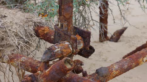 Old-rusting-and-corroded-scaffold-poles,-used-as-sea-defenses-and-to-stop-coastal-erosion-on-the-east-coast-of-the-UK