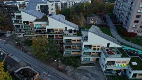 Drone-shot-reveals-residential-apartments-in-Swedish-medieval-town,-Stockholm