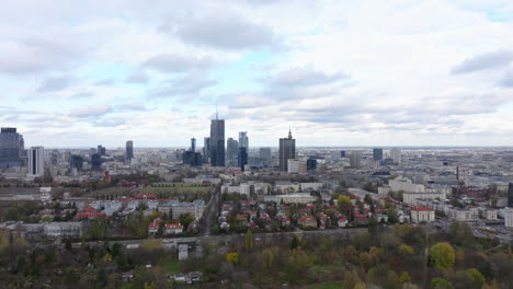 Wide-rising-aerial-shot-of-Warsaw-business-district-on-a-cloudy-day