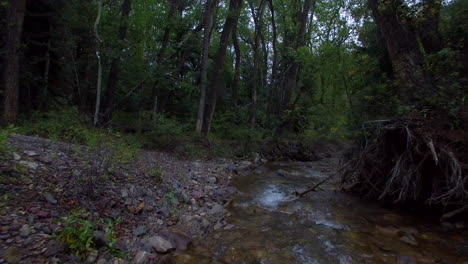 Slow-paced,-low-flying-drone-shot-over-a-peaceful-flowing-creek-towards-some-green-trees