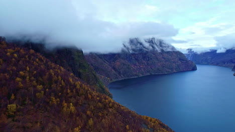 Drone-shot--of-Norwegian-lake-and-landscape,-Europe