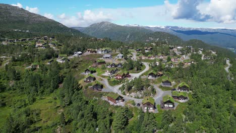 Roldal-Ski-Center-and-Village-during-Summer-in-Ullensvang,-Vestland,-Norway---Aerial-4k-Circling