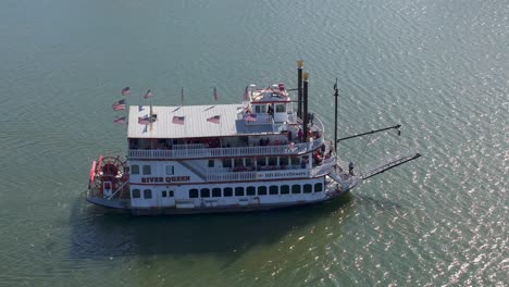 River-Queen-traditional-riverboat,-Cincnatti-Ohio,-high-angle-drone-view