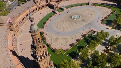 Aerial-View-Of-Plaza-de-Espana-North-Tower-In-Maria-Luisa-Park,-Seville,-Andalusia,-Spain
