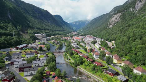Rjukan-Village-and-Power-Station-in-Hjartdal-Valley,-Vestfold-og-Telemark,-Norway---Aerial-4k-Pedestal