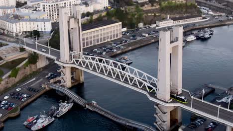 Majestic-aerial-focusing-on-city-Brest-bridge-in-France,-Pont-de-Recouvrance
