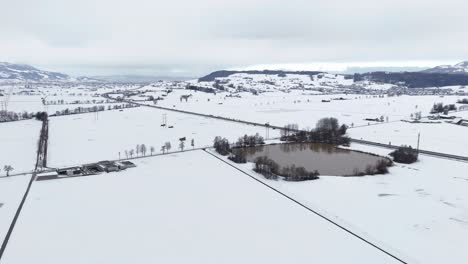 Aerial-establishing-shot-of-Reichenburg-Village-in-snowy-winter-landscape-and-lake-in-Switzerland---Panorama-view