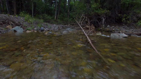Fast-paced,-low-flying-drone-shot-over-a-peaceful-flowing-creek