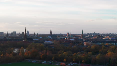 Low-aerial-slider-shot-of-Copenhagen-historic-skyline