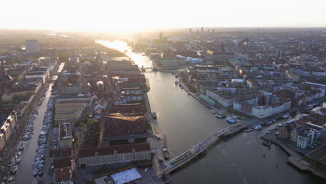 Aerial-shot-towards-Copenhagen-harbour-at-sunset