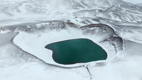 Krafla-Crater-Lake-Covered-In-Snow-During-Winter-In-Northern-Iceland---Aerial-Shot