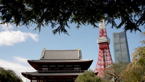 Templo-Zojo-ji,-Torre-De-Tokio-Y-Colinas-Azabudai-Contra-El-Cielo-Azul
