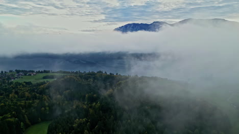 Forest-and-mountains-with-thick-fog,-aerial-drone-view