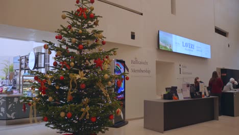 Toma-Cinematográfica-De-Un-Hermoso-árbol-De-Navidad-Decorado-Dentro-De-La-Galería-Nacional-De-Irlanda-Con-Algunos-Visitantes-En-Dublín,-Irlanda.