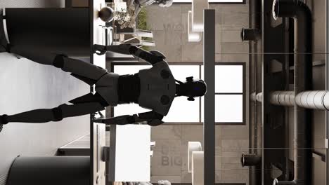 Líder-Prototipo-Humanoide-Coordina-Trabajo-En-Equipo-De-Oficina-De-Robot-Futurista-Robot-Cibernético-Animación-De-Renderizado-3d