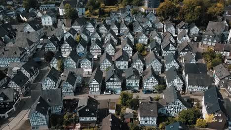A-drone-shot-shows-the-identical-cottage-buildings-of-Freudenberg-in-Germany